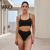 Hollow Texture Fabric Swimwear 2Pcs/Set Summer Ribbed Bikini Set High-Waisted Belly Controlling Bottoms U-Shaped Figure Flattering Back Halter