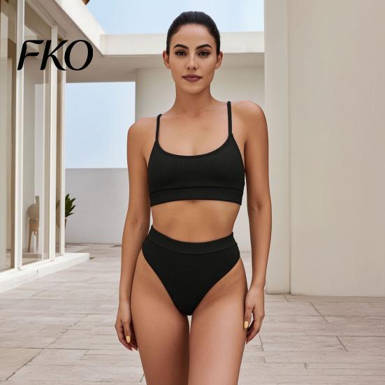 Hollow Texture Fabric Swimwear 2Pcs/Set Summer Ribbed Bikini Set High-Waisted Belly Controlling Bottoms U-Shaped Figure Flattering Back Halter