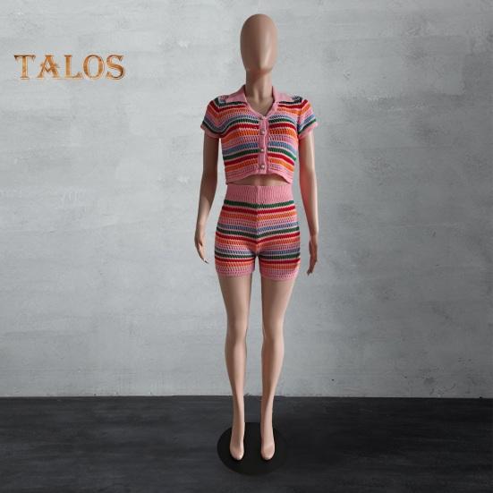 2 шт./компл., женский топ Crio, комплект с шортами, вязаный полосатый комплект с короткими рукавами, однобортный топ с V-образным вырезом, брюки с высокой талией и эластичной резинкой на талии, повседневный комплект