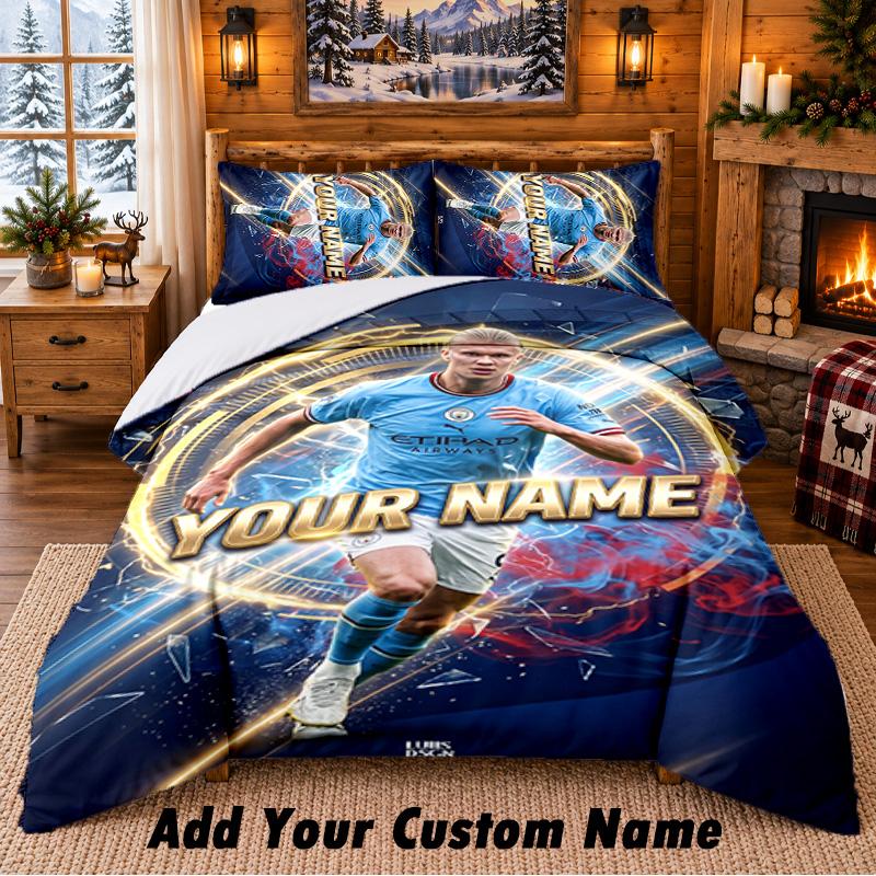 Erling Haaland Pattern Bedding 3Pcs Set Custom Name, Bed Sheet And Pillowcases For Home Bedroom