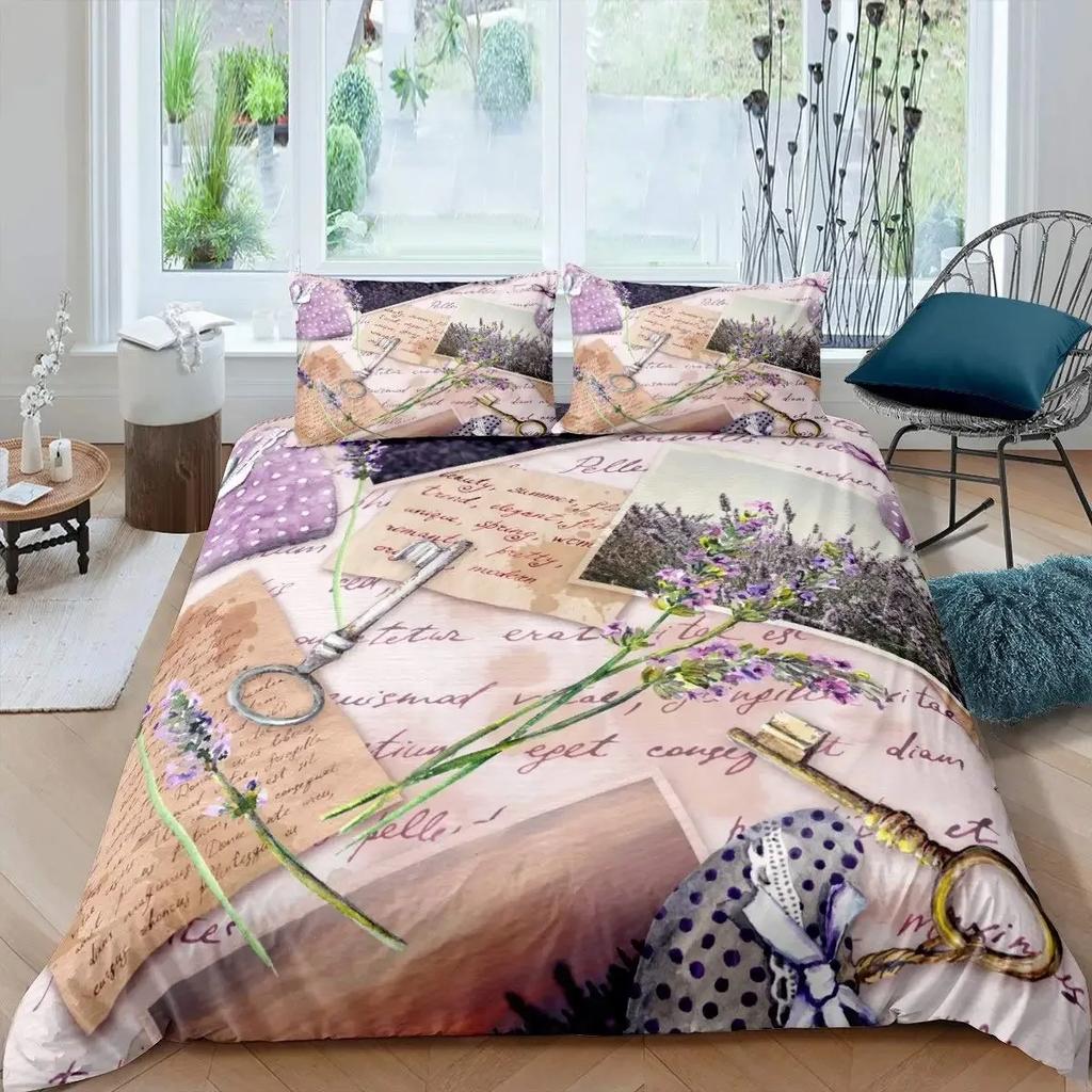Комплект пододеяльника лавандового цвета, Пастельный васильковый свадебный классический дизайн, Нежный цветочный принт, Свадебный декор, Постельный комплект, Фиолетовый, Белый, Розовый