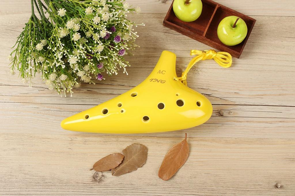 TNG Ocarina, Single [12-Hole  Alto  Yellow], Premium C Key, AC (Includes Fingering Chart), Glazed Finish, Yellow, for Wind Instruments