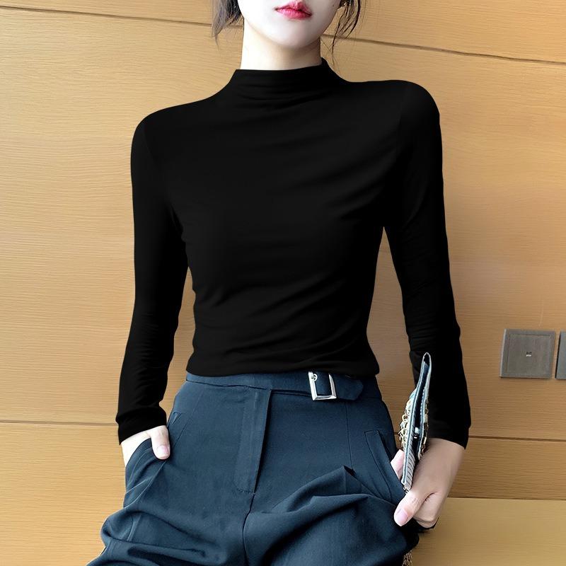 Autumn and Winter Elegant Half-high Collar Modal Base Shirt Women's Autumn Fleece-lined Women's Slim-fit Long-sleeved High Collar Inner Top