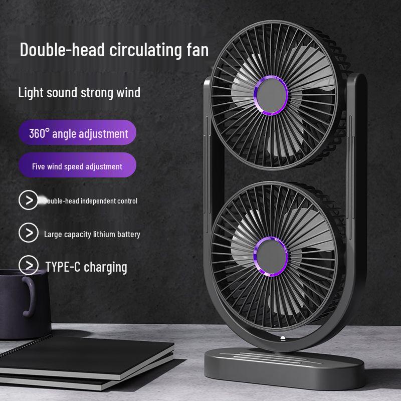 Dual-Head USB Fan with Night Light, Five Speeds & Oscillation for Outdoor Camping