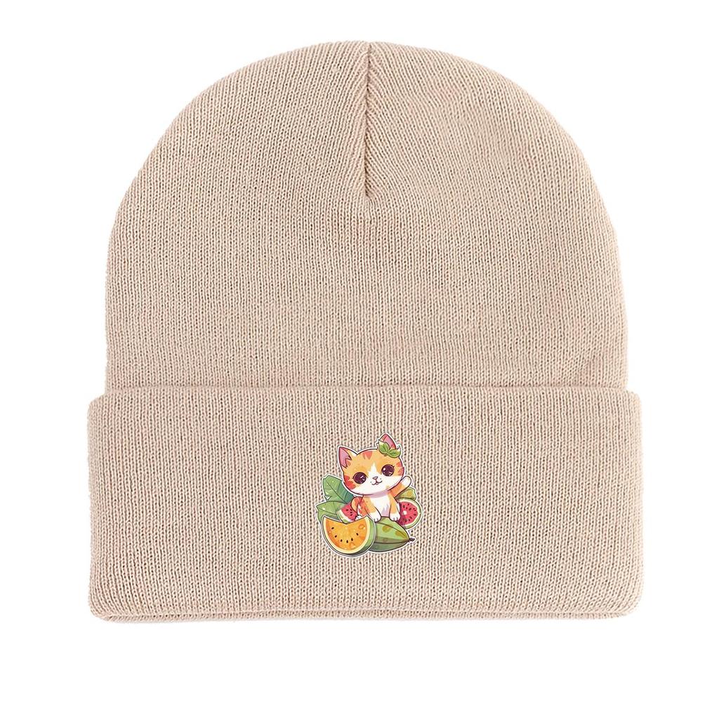 Cat Fruit Print Knit Cap Beanie, Skullies Beanies Winter Stretchy Sporting Bonnet Knitted Hat Beanie