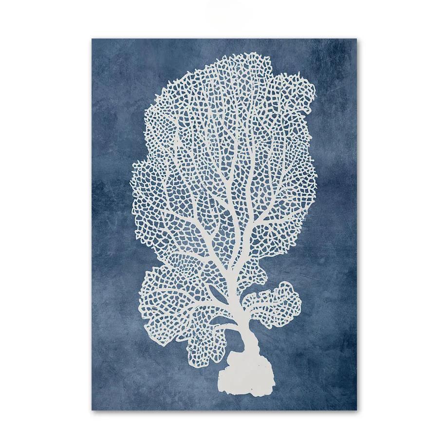 Navy Blue Sea Coral Seaweed Wall Art Canvas Painting Nordic Posters And Prints Beach House Wall Pictures For Living Room Decor