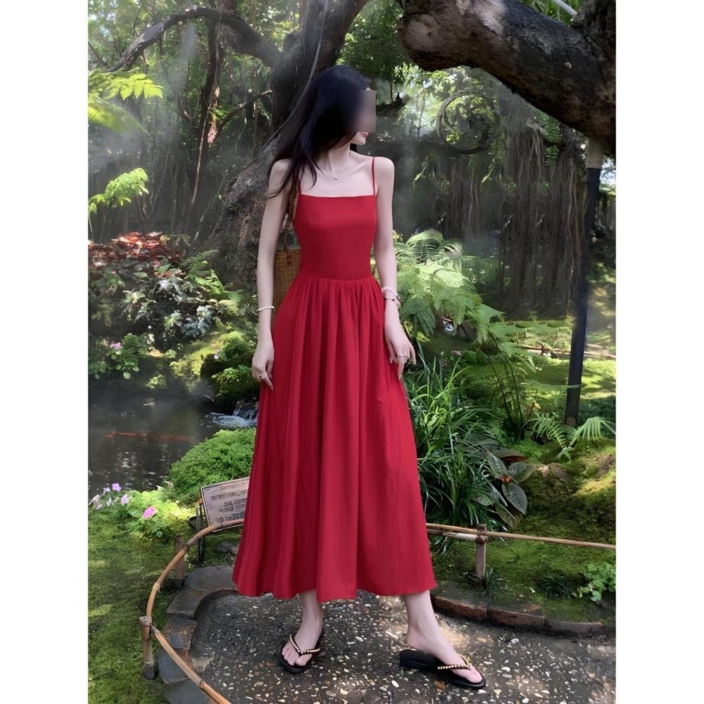 Красное платье-сарафан с халтером, стиль морского отдыха, темпераментное длинное платье, лето