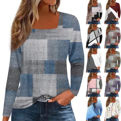 Жен. Футболка Футболка С цветочным принтом Длинный рукав Повседневные Выходные Мода Классический Квадратный вырез Обычный Топ