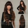European and American Style Women's Long Gradient Brown Wig with Blunt Bangs Ladies Natural Looking Fluffy Water Wave Curls Wig