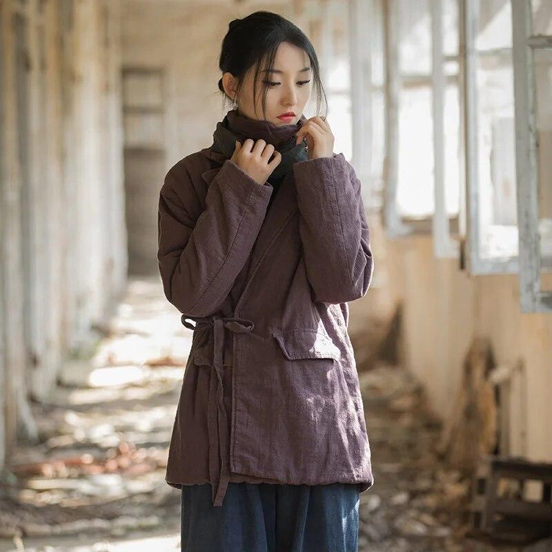 Johnature Женские хлопковые теплые парки в китайском стиле, однотонные повязки, зимние винтажные женские парки