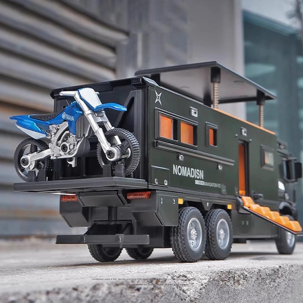 2026 Новый 1:24 Бенц Кемпер RV Моторхоум Игрушечная Модель Автомобиля, Литая Машинка-грузовик с Инерционным Механизмом, Модель Игрушечного Автомобиля со Звуком и Светом для Детей Мальчиков Девочек Мотоцикл