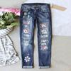 Women's Blue Flower Printed Stretch Jeans High Waist Trousers Patch Ripped Destroyed Denim Pants Skinny Pants