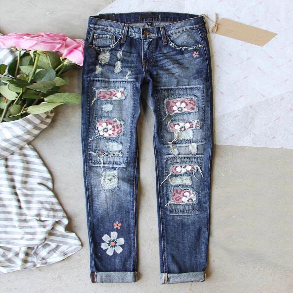 Women's Blue Flower Printed Stretch Jeans High Waist Trousers Patch Ripped Destroyed Denim Pants Skinny Pants