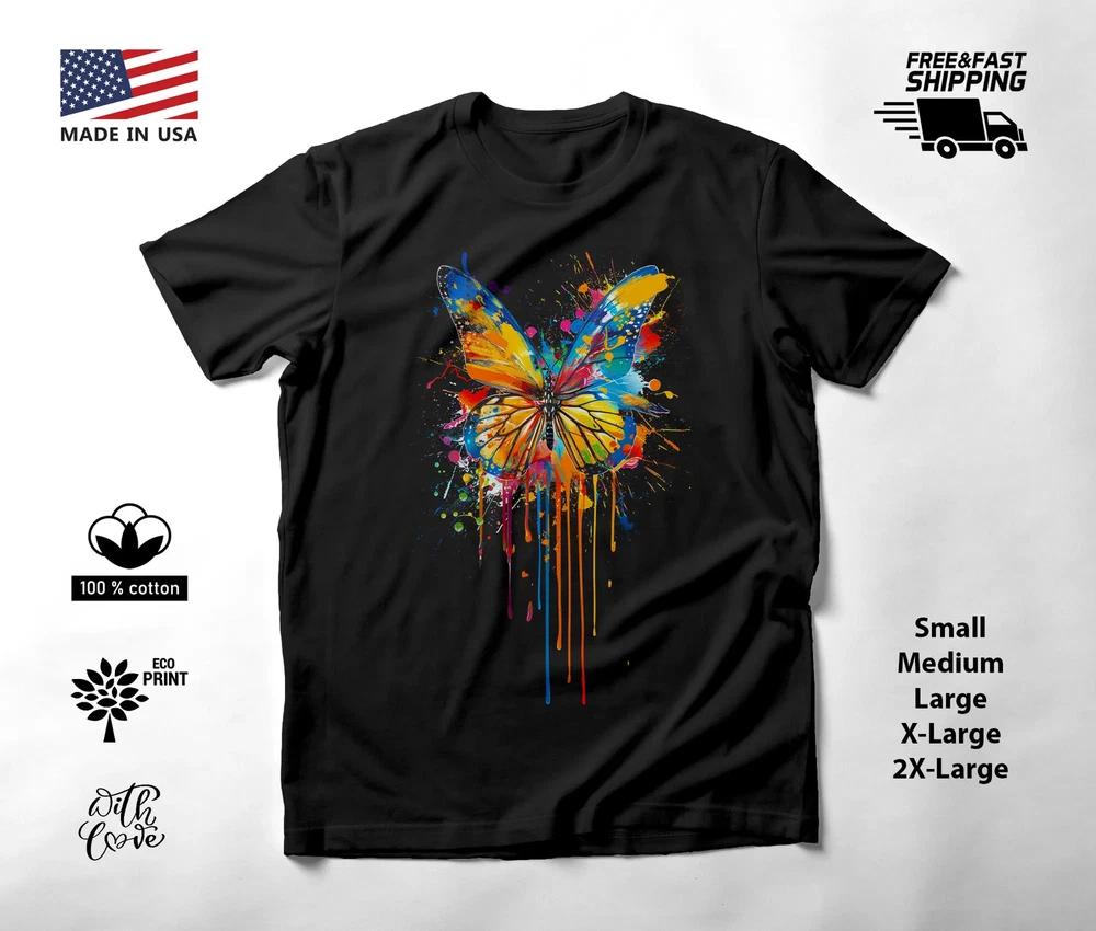 Butterfly Neon Graphic T-Shirt Black Unisex S-2XL