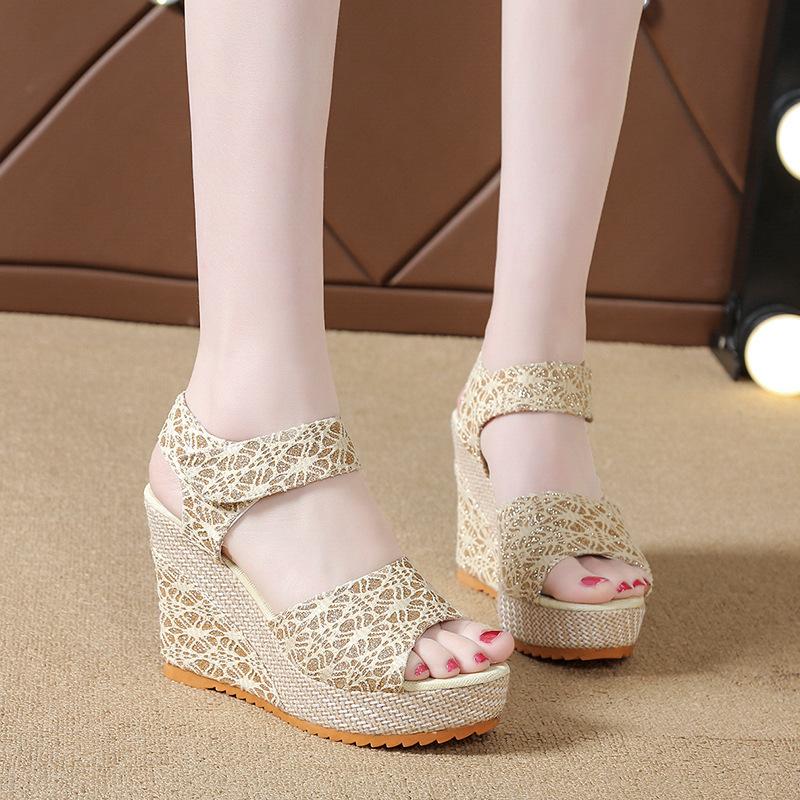 2025 Summer New European and American Wedge Heel Fish Mouth Sandals Women's Casual Muffin Thick-soled High-heeled Velcro Women's Shoes