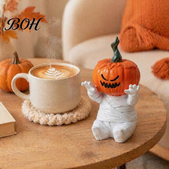 Holiday Gift for Friends Pumpkin Head Mummy Statue, Funny Halloween Decorations, Cute Sitting Desktop Resin Figurines Figurine Shelf Sitter