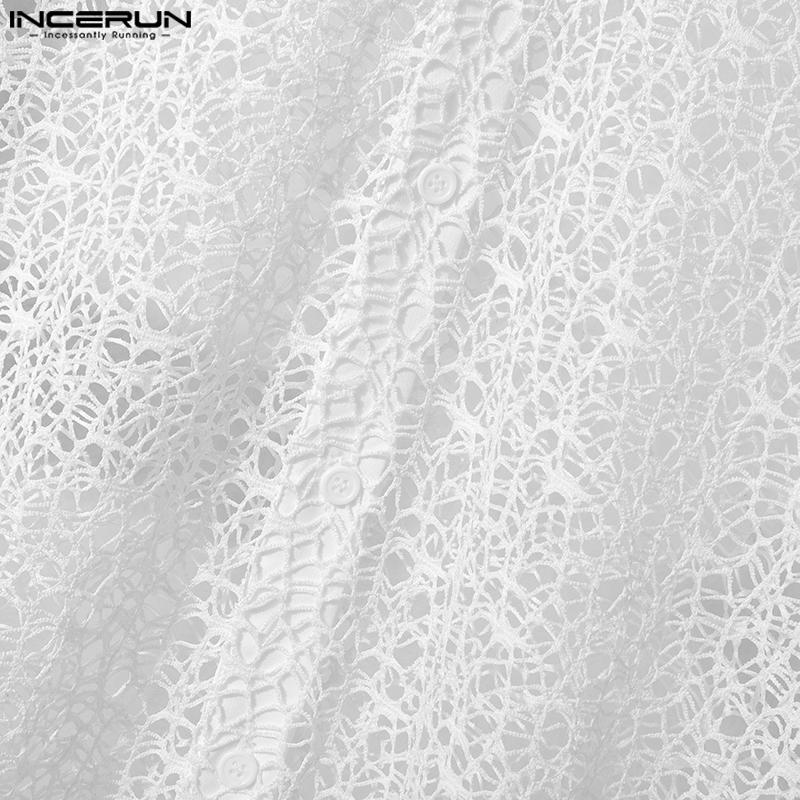 INCERUN Мужские летние пляжные рубашки с коротким рукавом из вязаной крючком ажурной пряжи