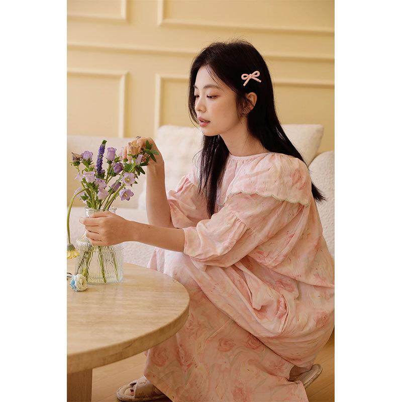 11-Year summer women's cotton gauze medium and long lotus leaf collar embroidery romantic pink flower print short-sleeved nightdress