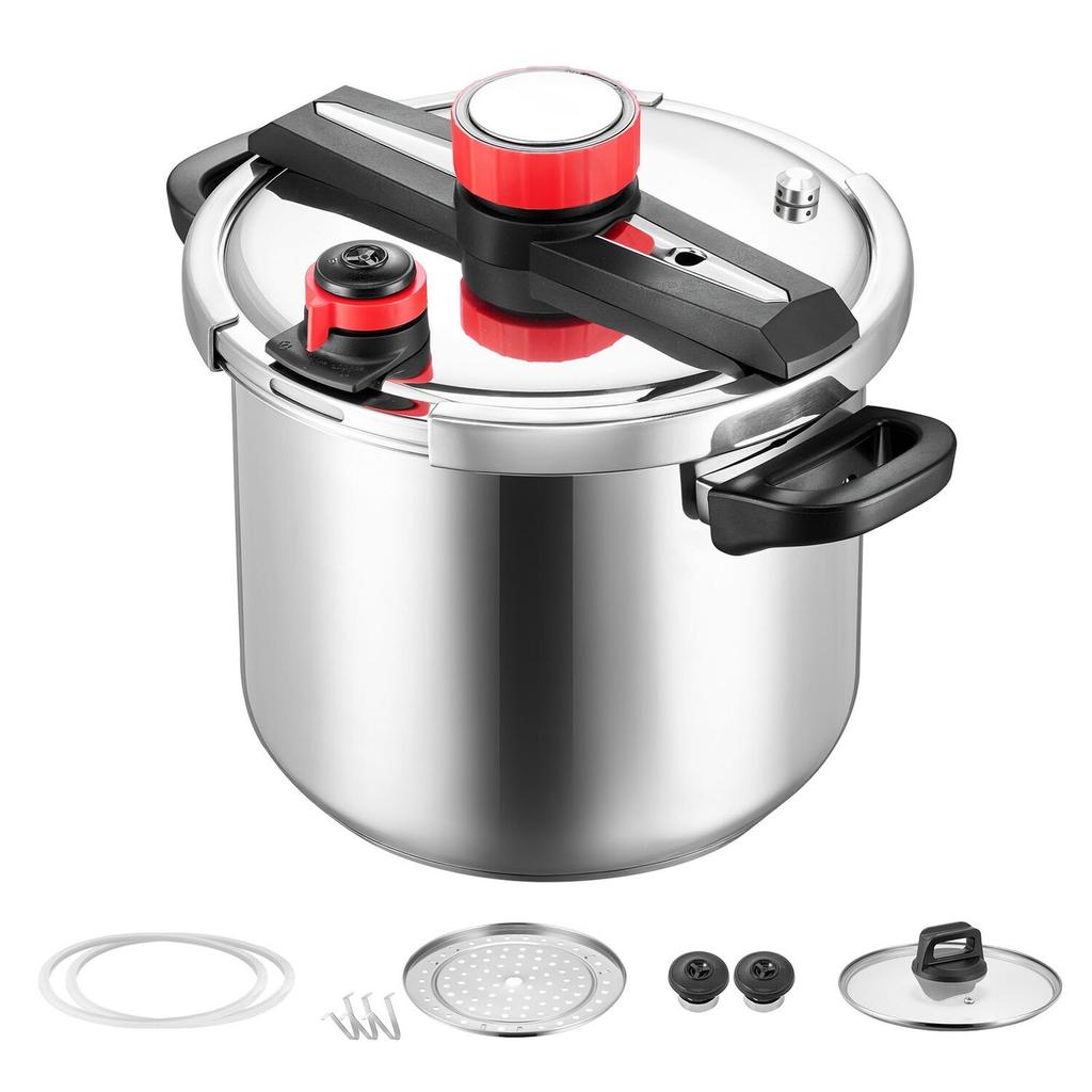 Pressure Cooker, 11.3L Pressure Cooker Stainless Steel, Pressures Canner with Steaming Rack, Tempered Glass Lid, Three Pressures Settings for Meat,