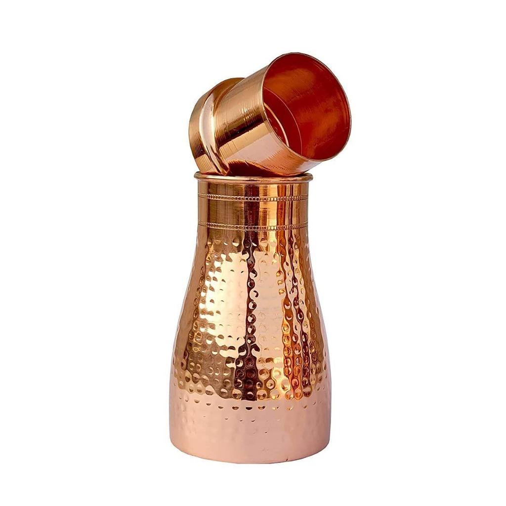 Pure Copper Bedside Water Bottle with Glass Lid (1 Litre Capacity) | Joint-Free, Modern & Stylish Tamba Bottle for Bedroom Use