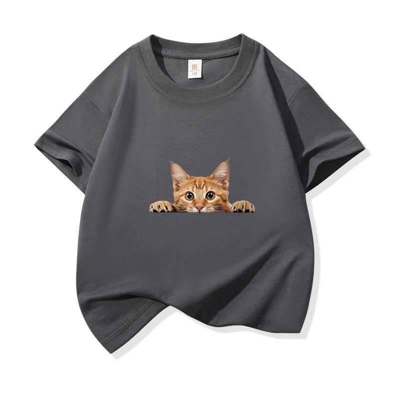 Kids Cotton T Shirt Playful Peeking Orange Tabby Cat Graphic Crew Neck Short Sleeve Tee Casual Breathable Boys Girls Summer Tops