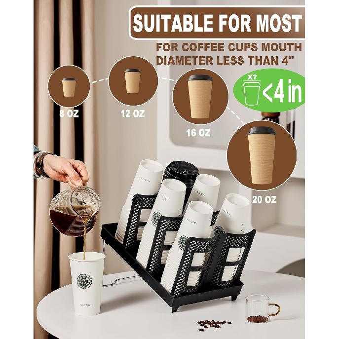 Coffee Cup Holder,Cup and Lid Dispenser with Stand,Disposable Cups Organizer,6 Slots,for Coffee