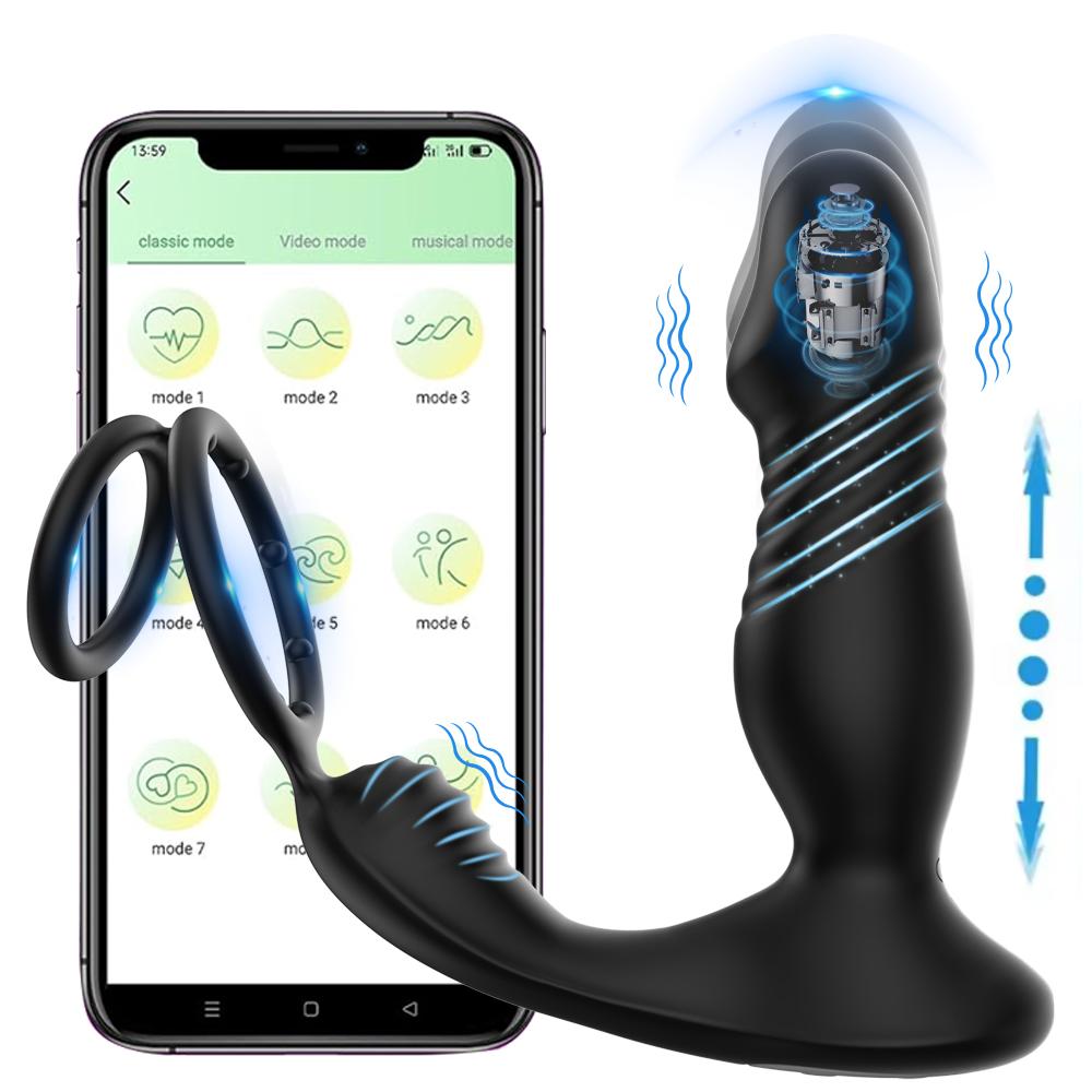 App Control Thrusting Prostate Massager Anal Vibrator 9 Vibrating 2 Ring Design Delay Ejaculation Butt Plug Sex Toy for Couples