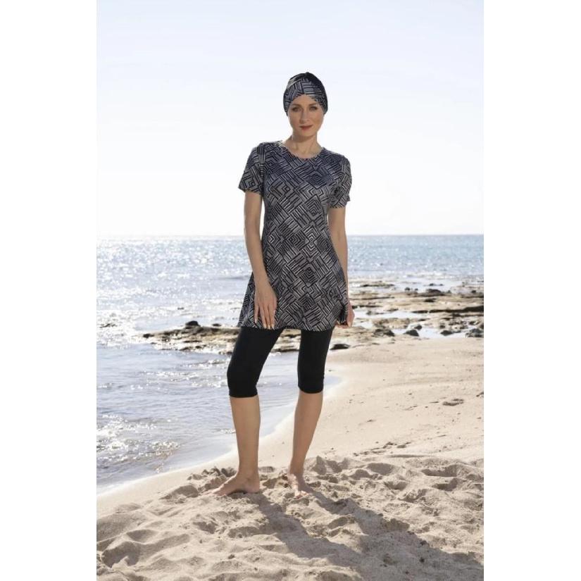 Летний цветочный купальный костюм 2025 с принтом - Комплект: туника с коротким рукавом и укороченные леггинсы - Мусульманский купальник - Пляжная одежда с защитой от УФ-лучей - Летний буркини