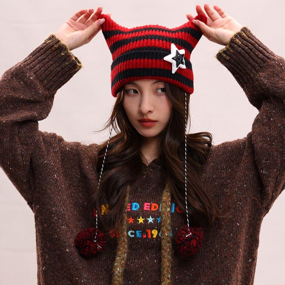 Y2K Slouchy Knitted Beanies Star Woolen Hat Cute Cat's Ears Knitted Hat  Cycling