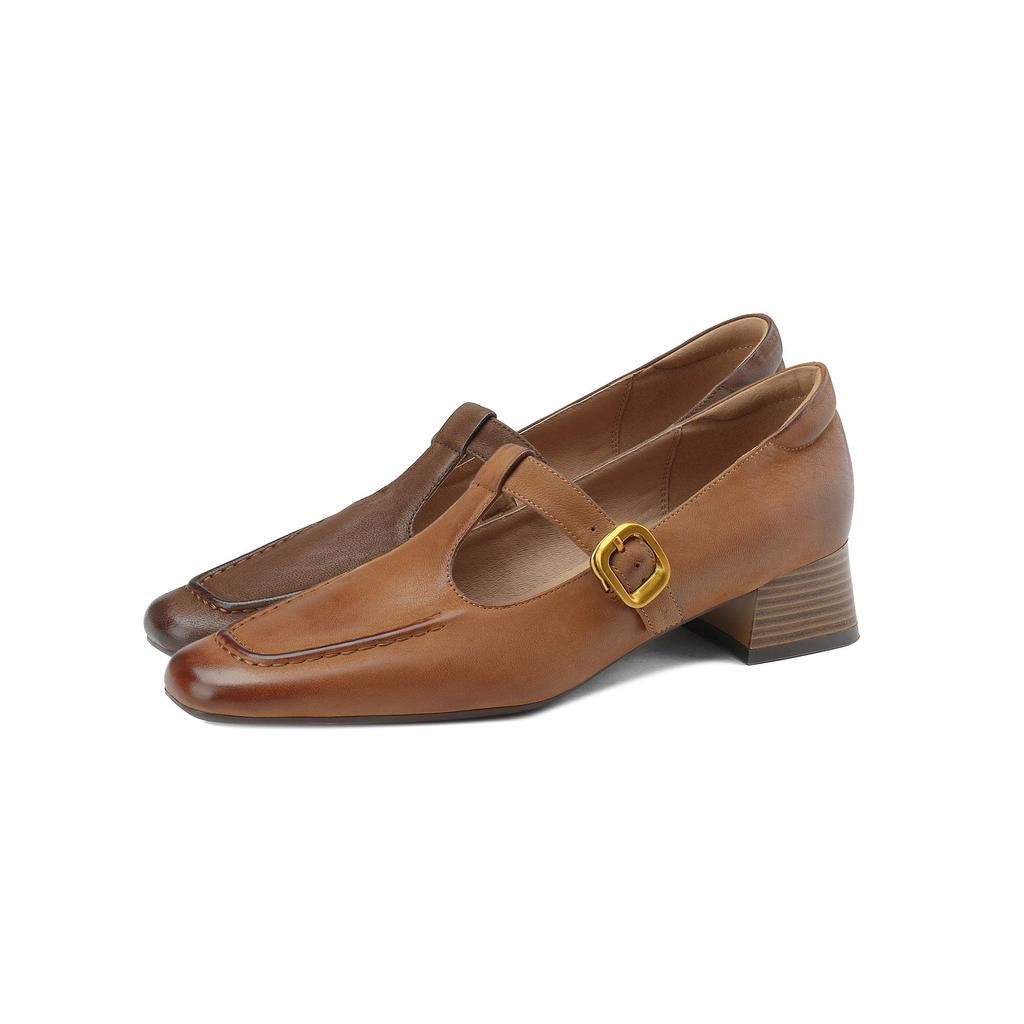 Krazing Pot Sheep Suede Square Toe Chunky Med Heels Summer Shoes Buckle Straps Women Pumps