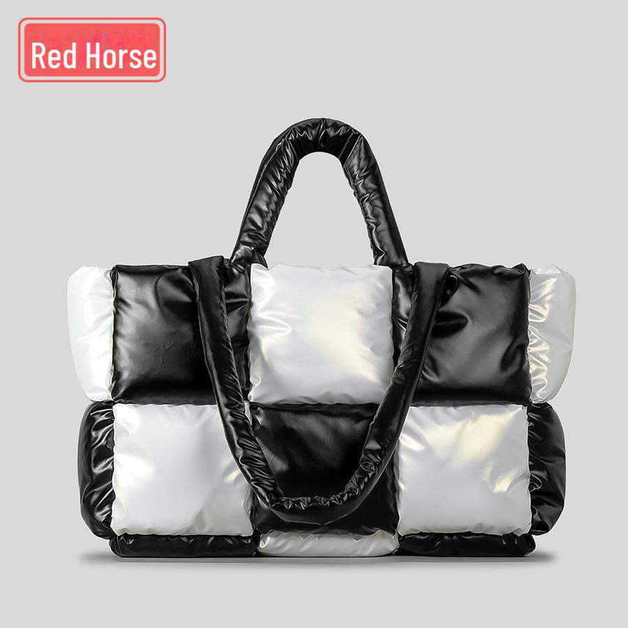 Женская легкая черно-белая клетчатая сумка-тоут – мягкая, пуховая сумка через плечо