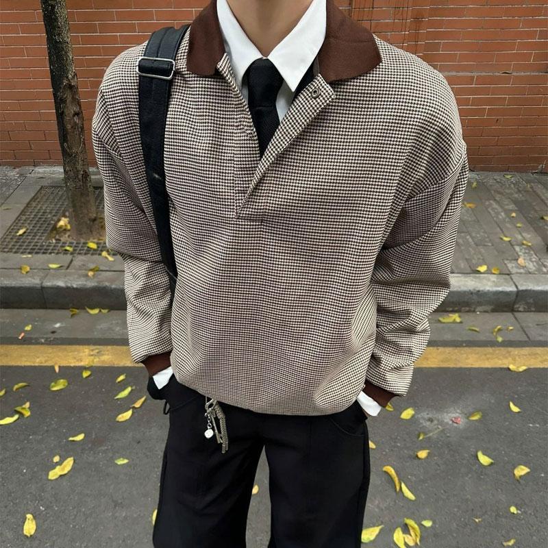 Vintage Houndstooth Polo Shirts Autumn Long Sleeve Men's Clothing Fashion Patchwork Casual Contrasting Colors T-shirts