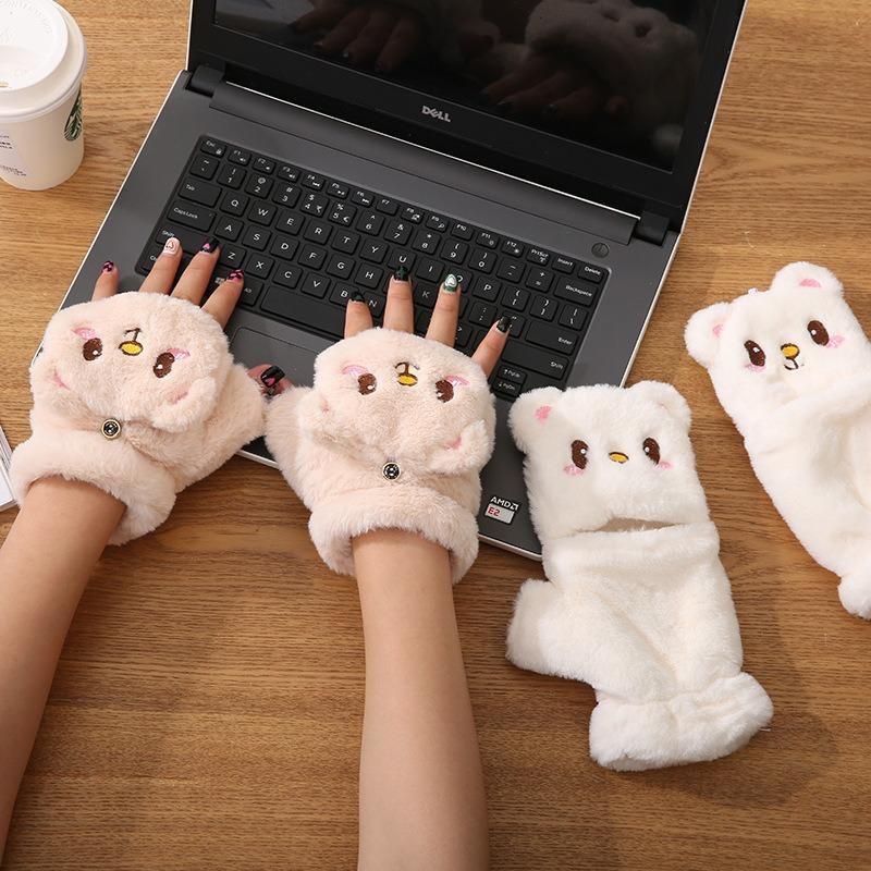Cute Bear Gloves Women's Autumn and Winter Fleece Thickened Casual Windproof Cute Warm Plush Full Finger Neck