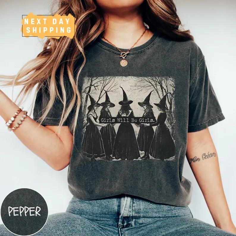 Girls Will Be Girls Witch Vintage Halloween Graphic T-Shirt S-5XL