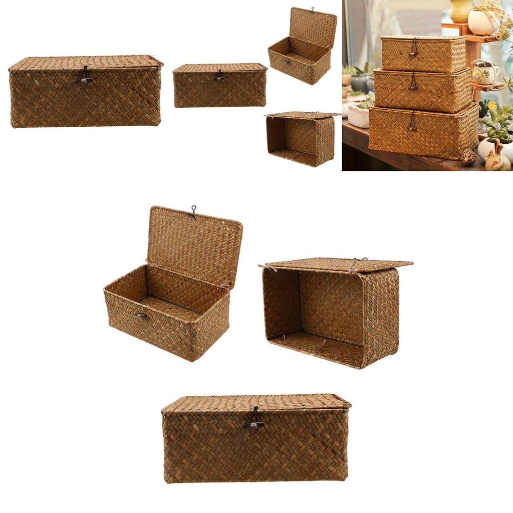 Винтажная желтая корзина для хранения из морской травы с крышкой, идеально подходящая для CD-дисков, пультов дистанционного управления и канцелярских принадлежностей