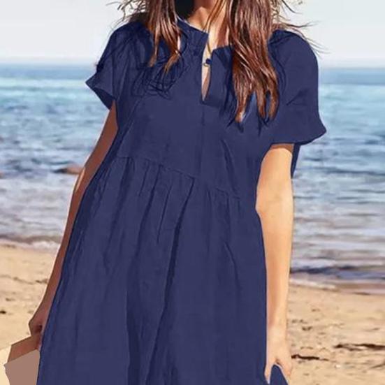 Women's Cotton Linen Maxi Dress Casual Short Sleeve V-Neck Sundress Loose Beach
