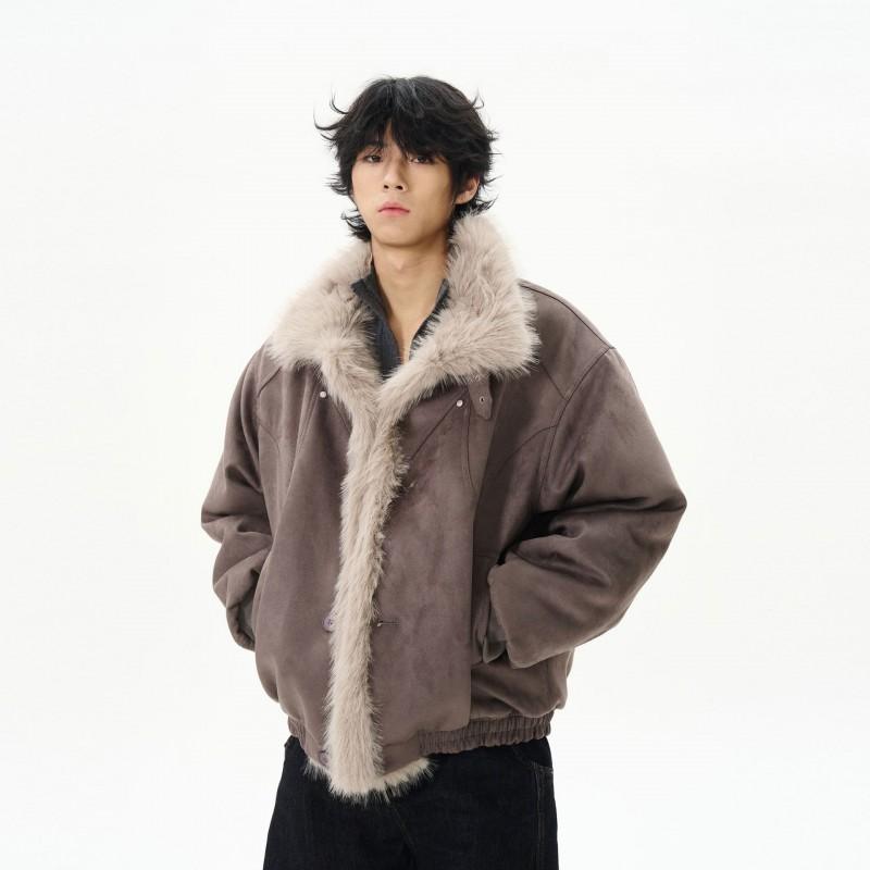 Unisex Winter Puffer Jacket With Faux Suede Finish High Collar Fleece-Lined Hoodless Coat Men Women