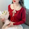 Fashion Sweet Peter Pan Collar Knitted Shirt for Women Autumn and Winter Slim Long Sleeve Women's Blouse Vintage Solid Bow Tie Ladies Tops 24742
