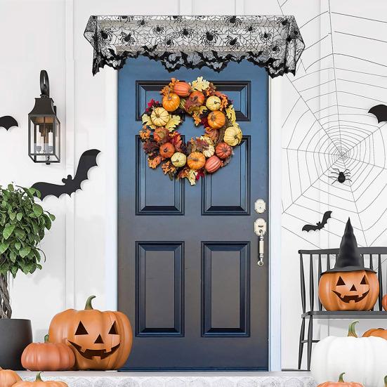 Halloween Tablecloth Decoration Black Lace Table Runner Round Spider Cobweb Table Cover Fireplace Mantel Scarf Lampshade Bat Wall Stickers for