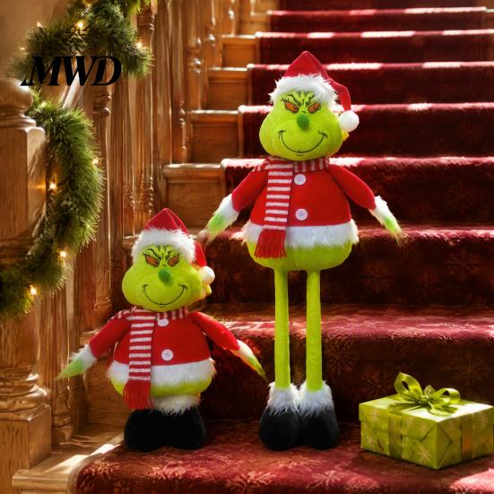Christmas Tree Ornament Green Elf Plush Toy, Soft Stuffed Animal Doll with Standing Retractable Long Leg for Holiday Home Fireplace Mantel Decor Party