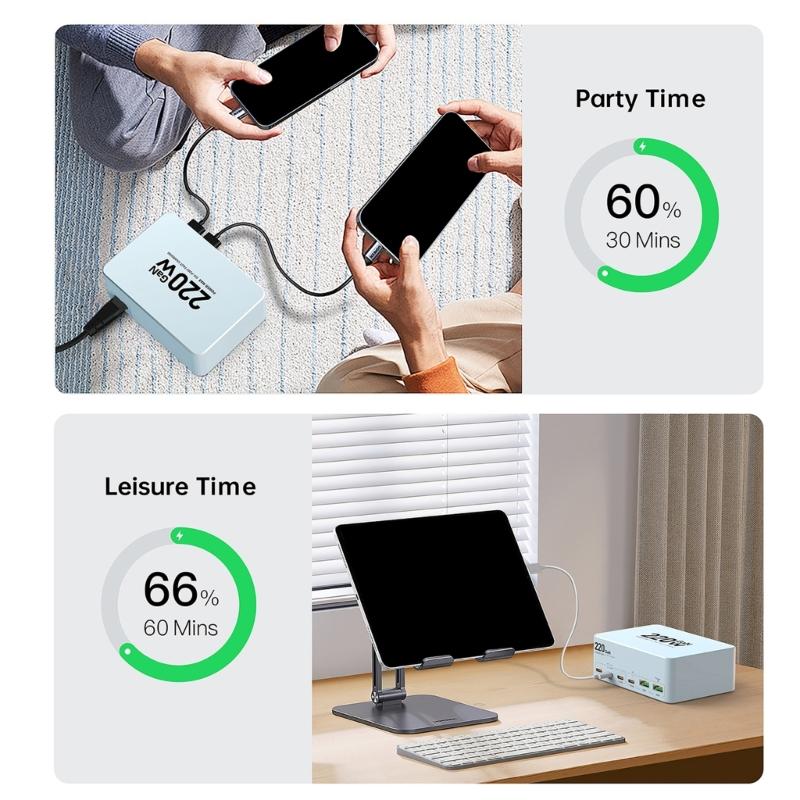 Multi Port Fast Charging Station 220W Power Adapter with Type C & USB Port Allows 6 Devices Simultaneously Charging