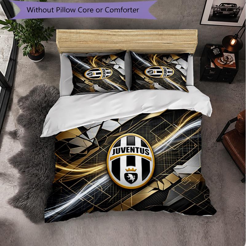 Juventus FC Pattern 3 Pieces Bedding Set Soft Microfiber Duvet Cover with Pillow Cases for Bedroom