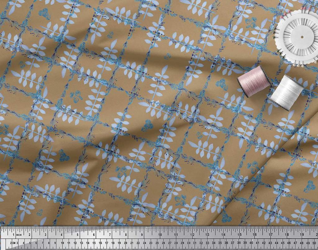 Soimoi Black Japan Crepe Satin Fabric Leaves & Floral Check Print Fabric by the metre 42 Inch