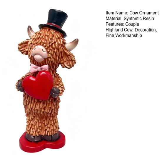 Valentine's Day Couple Highland Cow Figurine Holding Rose Love Heart Highland Cattle Resin Statue