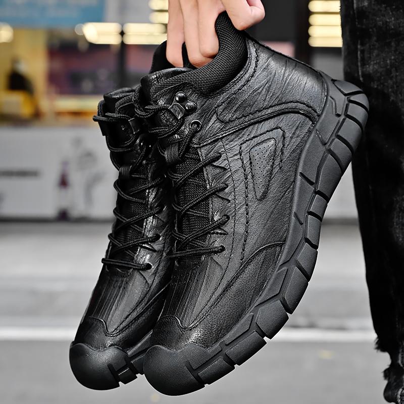 Fashion New Mens Motorcycle Boots Genuine Leather Boots Retro Style Basic Boots Men Casual Warm Snow Sneakers Non-slip Walking Shoes