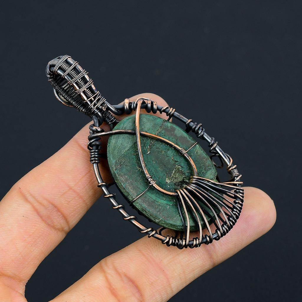 Natural EvilEye Malachite,Moonstone Gemstone Copper Wire Wrap Pendant 2.95" N2U89