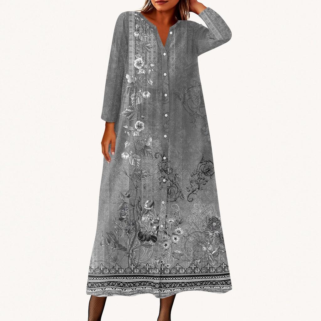 Women's Fashionable Printed Round Neck Seven Quarter Sleeve Button Loose Shirt Dress