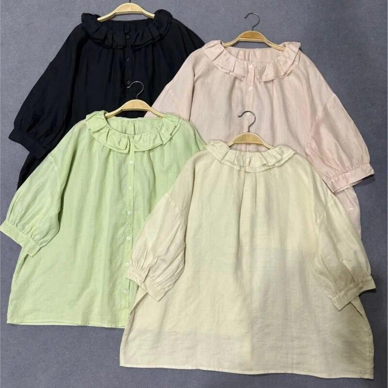 Johnature Летние японские женские рубашки с оборками и воротником, винтажные повседневные однотонные блузки с половиной рукавов