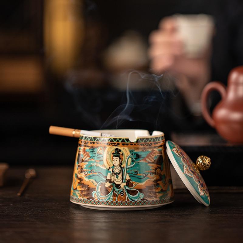 Retro Ceramic Ashtray Round Home Office Ashtray with Cover Anti-ash Flying Living Room Decorative Ornaments Home Ashtray