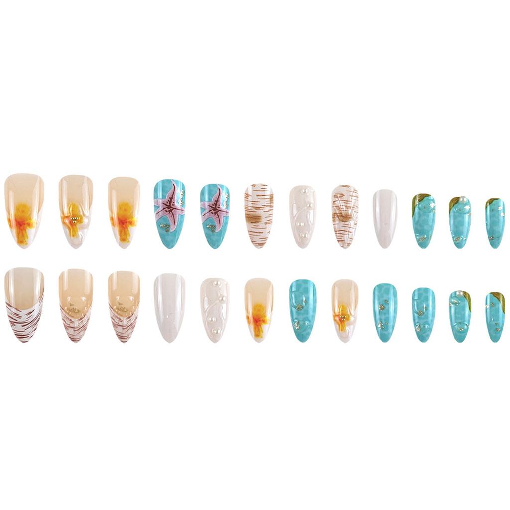 24 Pcs Glossy Fake Nails 3D Ocean Nail Tips with Starfish-Design Lightweight Press On Nails for Daily Party Use